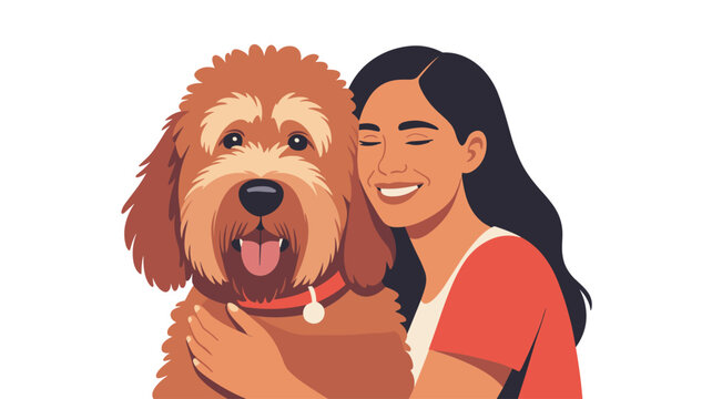 A happy woman embraces her fluffy brown doodle dog wearing a red collar against a plain white background in a warm and friendly flat vector illustration style.