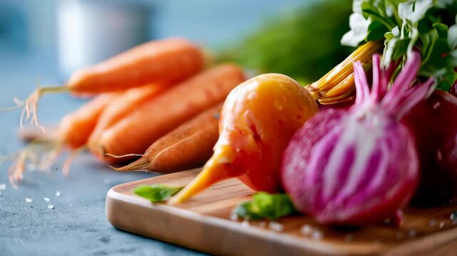Fresh golden and red beets with carrots on a wooden board, showing colorful organic vegetables and healthy cooking ingredients