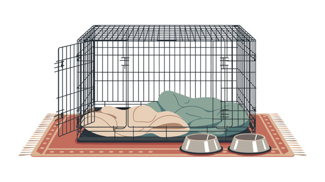 An open wire dog crate containing soft blankets sits on a patterned red rug with two empty metal bowls placed on the floor in a clean flat vector illustration.