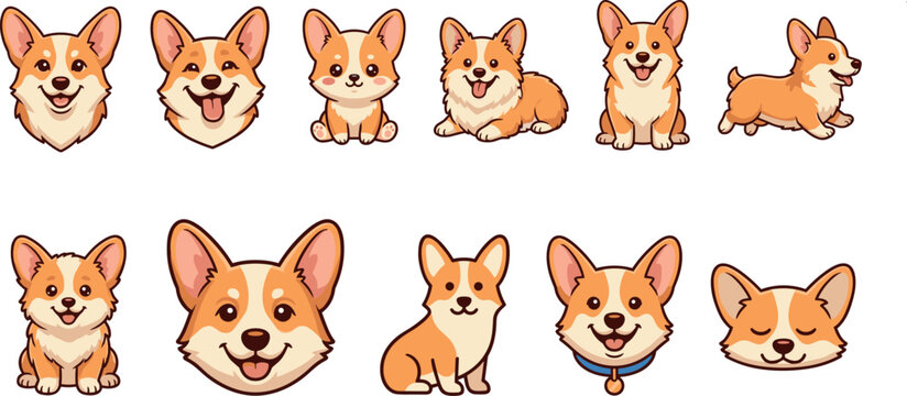 Whimsical pembroke corgi puppy emotes and poses collection for pet lover graphic design