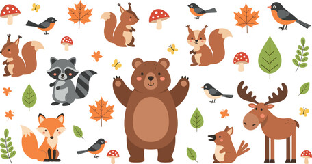 Fototapeta premium Whimsical woodland creatures collection with bear fox raccoon and moose for kids autumn design