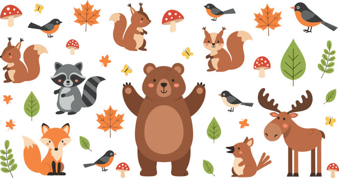 Whimsical woodland creatures collection with bear fox raccoon and moose for kids autumn design