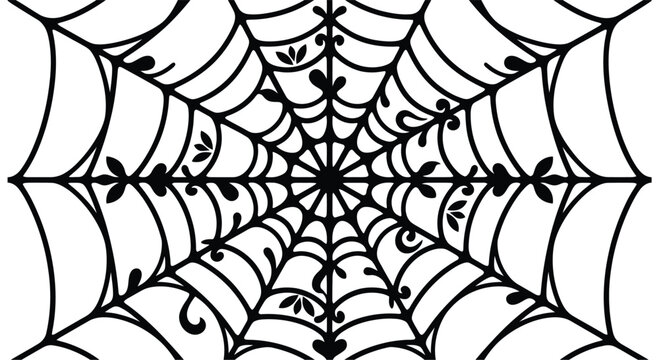 Intricate black and white spiderweb pattern with floral elements seamless repeat design