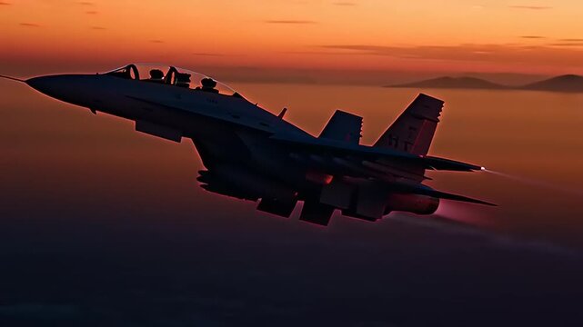 A fighter jet flies against a fiery sunset during an aerial scene