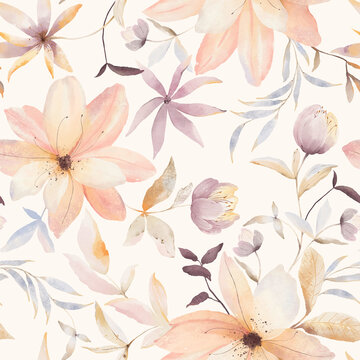 Watercolor floral abstract pattern with colorful flowers, plants and foliage. Delicate seamless composition for home textile, background or fabric, perfect hand-drawn print.