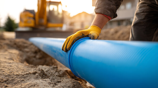 Worker in protective gloves oversees installation of a large blue pipeline for water or drainage systems in a trench at a construction site with heavy machinery