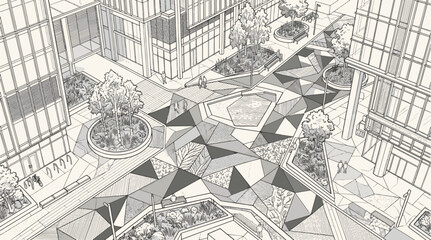 Modern Urban Plaza Illustration with Geometric Pavement and Integrated Green Spaces © marjan