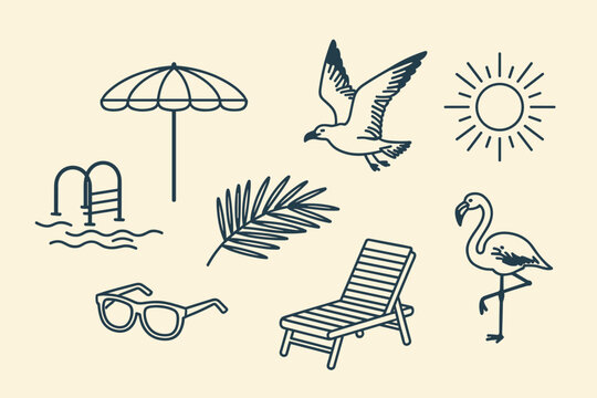 Collection of simple line summer vacation including a flamingo sun beach chair and pool holiday travel