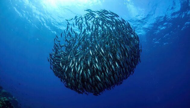 A massive school of iridescent sardines swirling in unison, creating a shimmering vortex underwater in the deep blue ocean.
