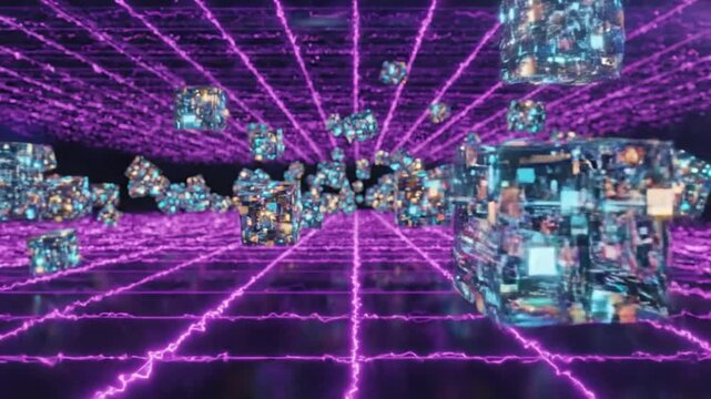 Digital Data Cubes Floating in Neon Grid Sci-Fi Network