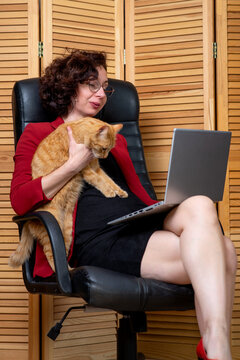 Woman Working from Home with Ginger Cat on Lap