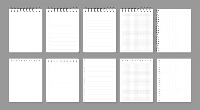 Spiral Notebook Paper Template Set Vector with Lined Memo Pages and Tear Off Sheets Minimal Notepad Page Collection Vector for Notes Journal Planner and Stationery Design