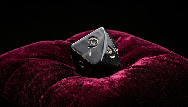 A striking large custom-designed polyhedral dice featuring unique metallic inlay, resting elegantly on rich crimson velvet, creating a luxurious gaming aesthetic.