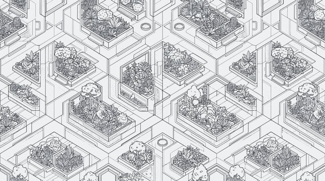 Isometric Seamless Pattern of Modular Greenhouse Units and Sustainable Indoor Gardens