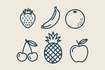 Six simple line fruits including strawberry banana orange cherries pineapple and apple on a light beige background © Siddhartha