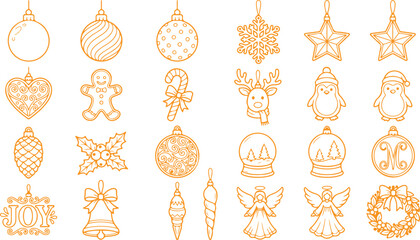 Christmas ornaments outline icons, festive baubles snowflakes reindeer penguin gingerbread man. © Sadhin