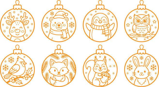 Christmas ornaments outline cute forest animals deer bear owl fox squirrel rabbit bird winter holidays celebration.