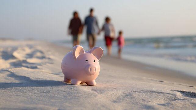 Piggy Bank on Beach with Family in Background: Concept for Vacation Savings, Future Planning, and Financial Goals for Travel