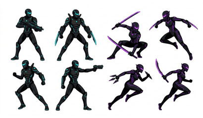 Futuristic Humanoid Battle Droid and Cybernetic Ninja Vector Icon Set © Rajib