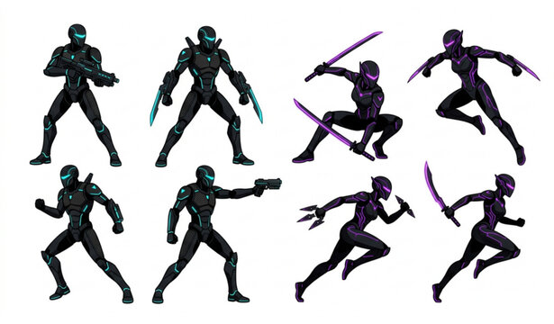 Futuristic Humanoid Battle Droid and Cybernetic Ninja Vector Icon Set