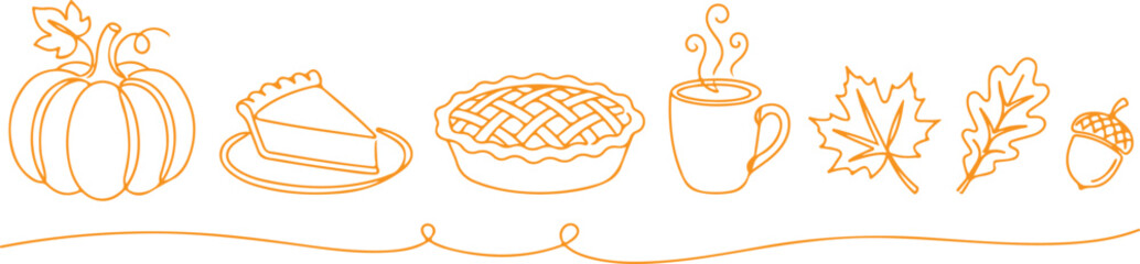 Pumpkin pie slice mug autumn leaves and acorn one line drawing isolated on transparent background. © Sadhin