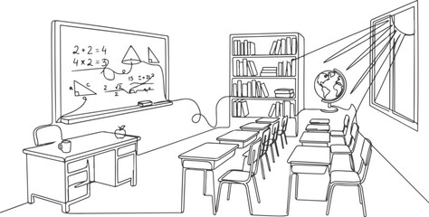 Classroom desks blackboard globe bookshelves and window one line drawing isolated on transparent. © Sadhin