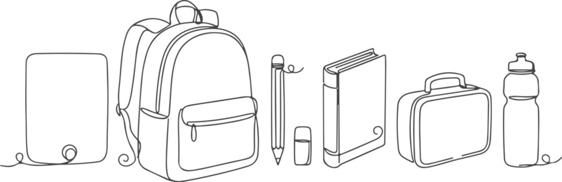 Backpack book pencil eraser and water bottle one line drawing isolated on transparent background.