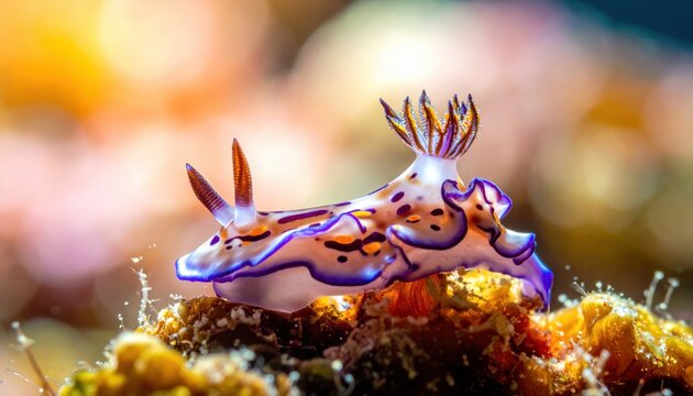 Vibrant Nudibranch Sea Slug with Psychedelic Colors Resting on Coral Reef Underwater
