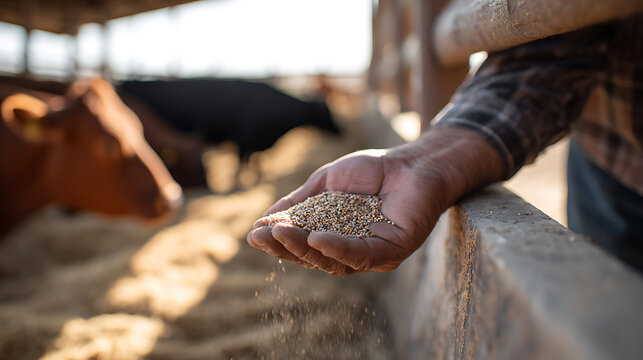 Farmer holds grain in hand, preparing to feed cattle in a large animal shed, highlighting rural agriculture, livestock care, and responsible farming practices