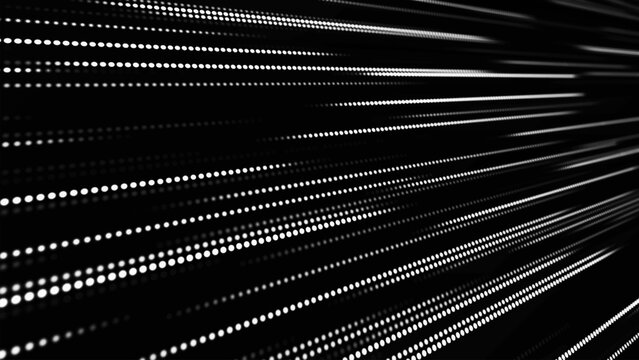 Streams of light rapidly pierce the darkness, forming rhythmic paths. A bright point acts as an impulse, carrying movement and energy through space. Vector