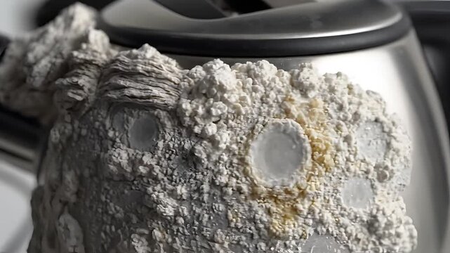 Close up of limescale buildup on a stainless steel electric kettle.