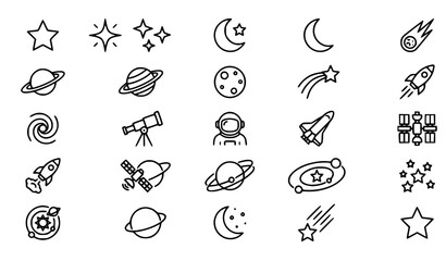 SEO Title: Galaxy line icon set space stars planets moon outline vector collection isolated on white © Fatik