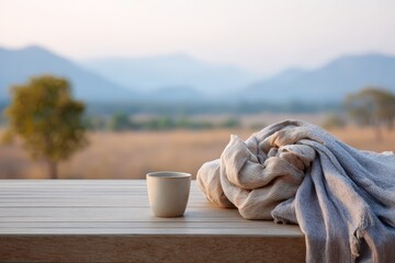 Obraz premium Morning cup and cozy blanket on wooden railing with soft blurred mountain landscape for serene banner background and relaxation design