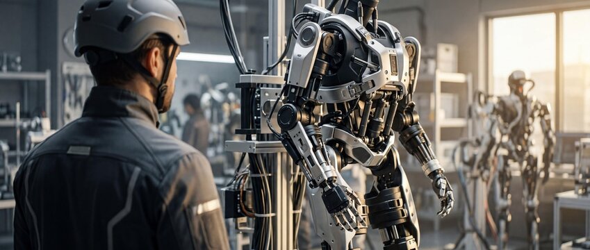 Man in lab coat interacts with advanced robotic humanoid in a futuristic workshop or laboratory setting with metallic surroundings