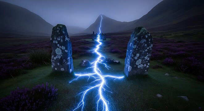Conceptual HIPAA Compliance Path with Glowing Blue Lightning Energy Through Standing Stones Representing Medical Privacy and PHI Security Rules