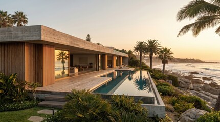 Fototapeta premium Modern luxury villa with infinity pool on rocky ocean coast at sunset