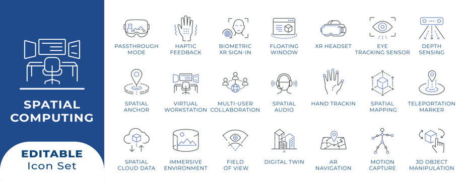 ​Spatial Computing, Mixed Reality and XR Line Icon Set Vector.