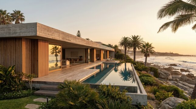 Modern luxury villa with infinity pool on rocky ocean coast at sunset