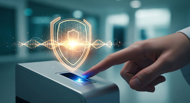 Healthcare professional using biometric fingerprint authentication to access patient records ensuring HIPAA compliance and medical data security