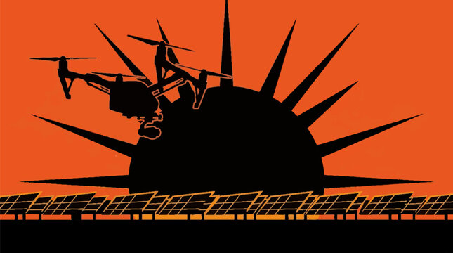 Drone flying over solar panels sunset.
