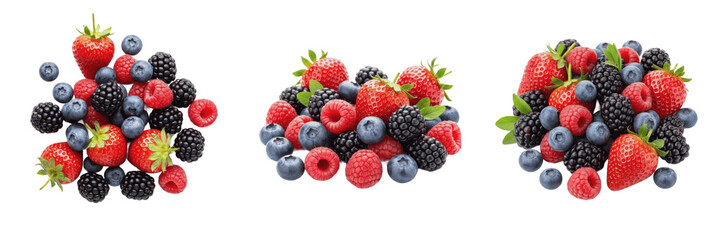 Large Mix of Fresh Forest Berries including Raspberry, Blueberry, and Currants for Superfood Visuals Isolated on Transparent White Background PNG Asset Set © B@kle