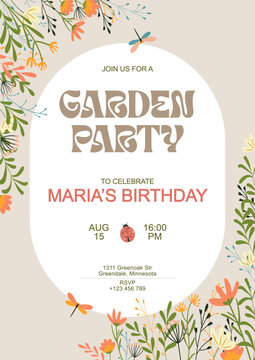 Retro garden birthday invitation card. Vector template with floral border and arch frame