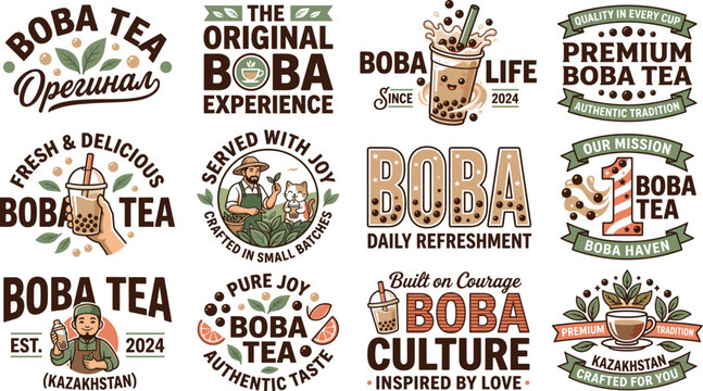 Boba Tea Shop Typography Badge Bundle Bubble Tea Cup Pearls Farmer Cat Kazakhstan Premium Authentic Culture Green Brown