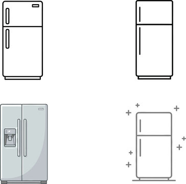 Collection of modern refrigerator and fridge vector icons in flat and line art styles for kitchen appliance design projects