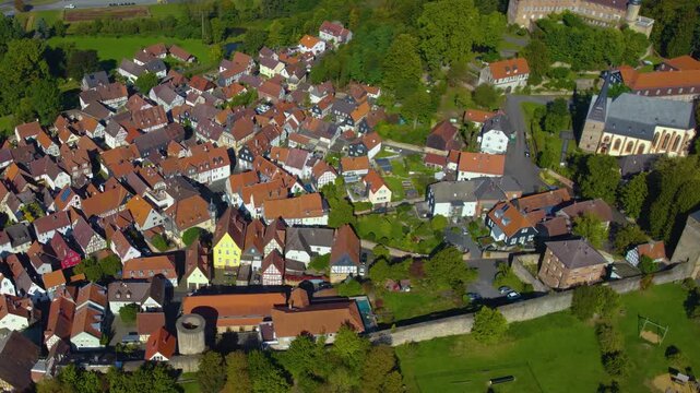 Aerial view of the city Ortenberg, 63683 in Germany, hesse on a sunny morning in late summer.