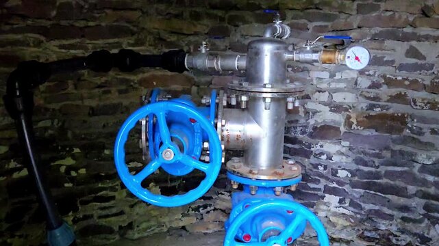 Industrial artesian well head with pressure gauge and blue valves for underground water supply.