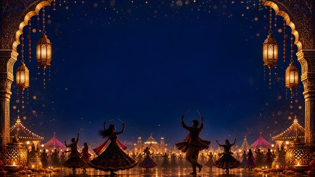 People Dancing Garba and Dandiya Raas at Night Navratri Festival Celebration