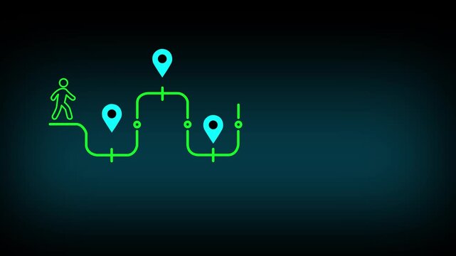 Journey to the goal , business planning concept. Touching a glowing target icon on a connected path with milestones and a running figure. Planning, progress and chievement toward business goals. 4k