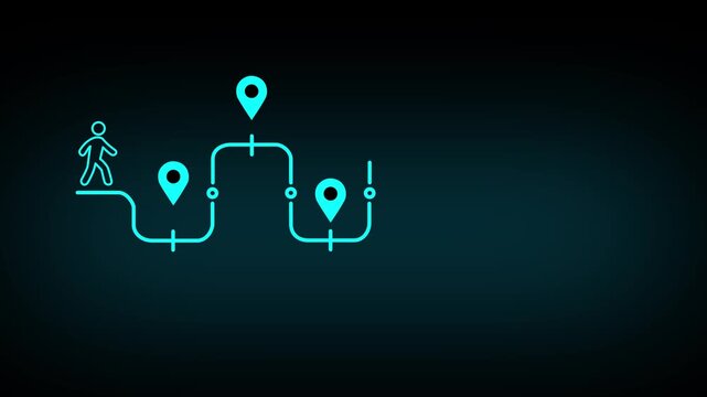 Journey to the goal , business planning concept. Touching a glowing target icon on a connected path with milestones and a running figure. Planning, progress and chievement toward business goals. 4k