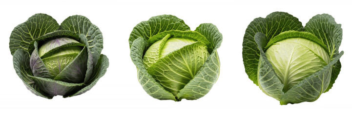 Obraz premium Fresh Green Cabbage Head with Textured Leaves for Healthy Cooking and Grocery Market Visuals Isolated on Transparent White Background PNG Asset Set